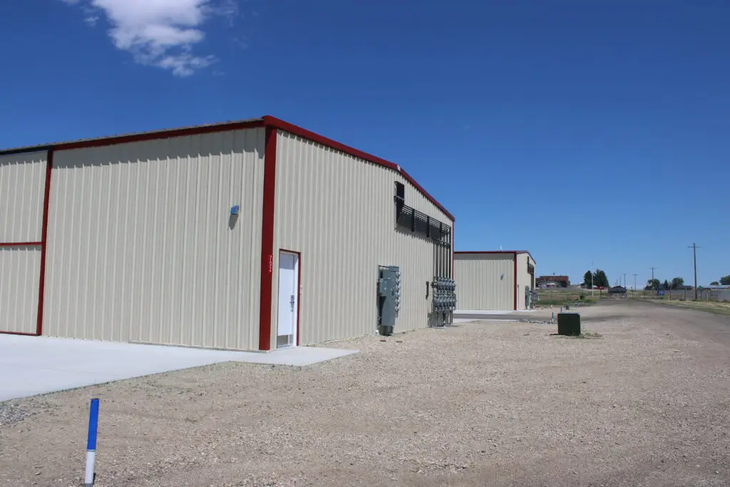 Post construction close-up of the Yellowstone Regional Airport two T-Hangar Buildings completed by Groathouse Construction