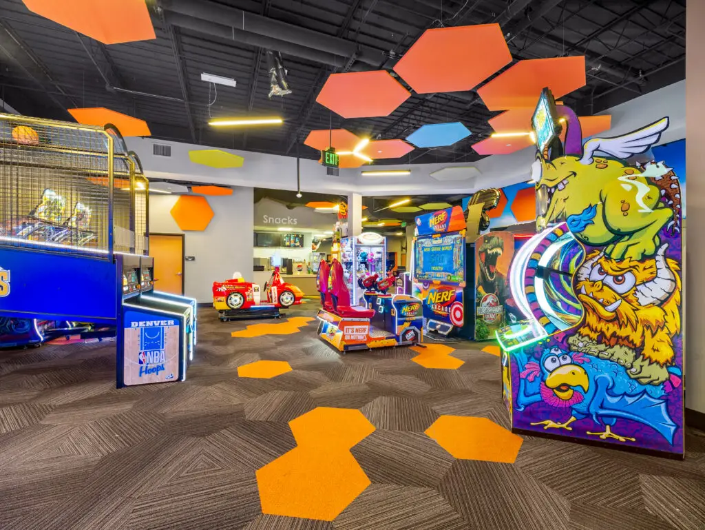 Post renovation of the arcade Cheyenne Business Center at Derby Lanes in Cheyenne, Wyoming completed by Groathouse Construction