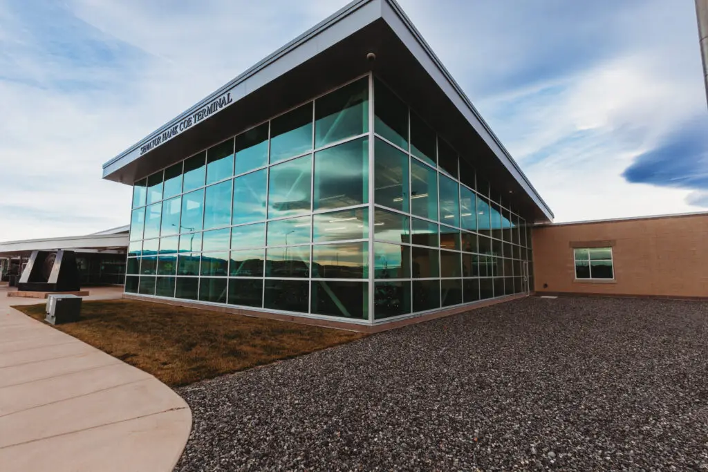 Post construction exterior angle of Yellowstone Regional Airport by Groathouse Construction in Cody, Wyoming