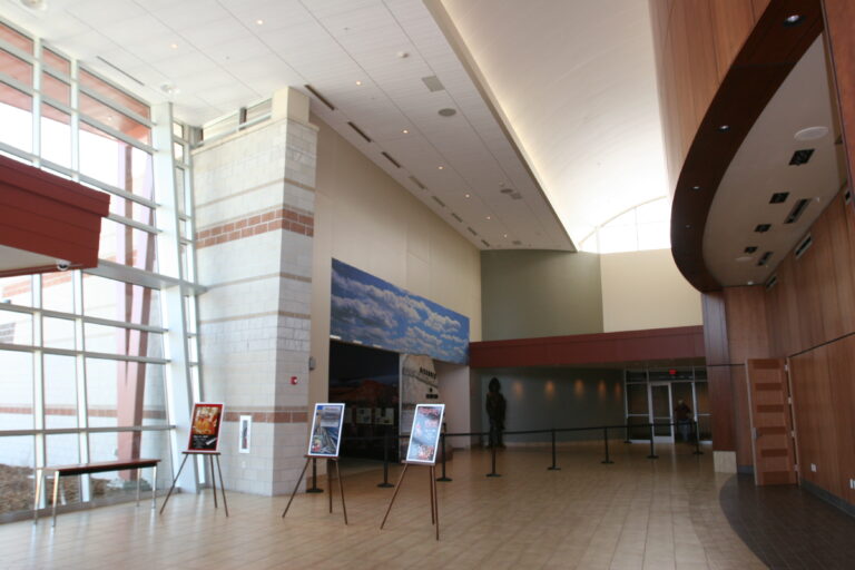Washakie Museum & Cultural Center entrance with exhibit displays in Worland, Wyoming.