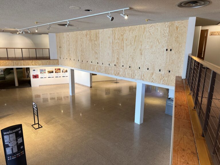 Buffalo Bill Center of the West exhibition hall with new plywood exhibition wall under construction